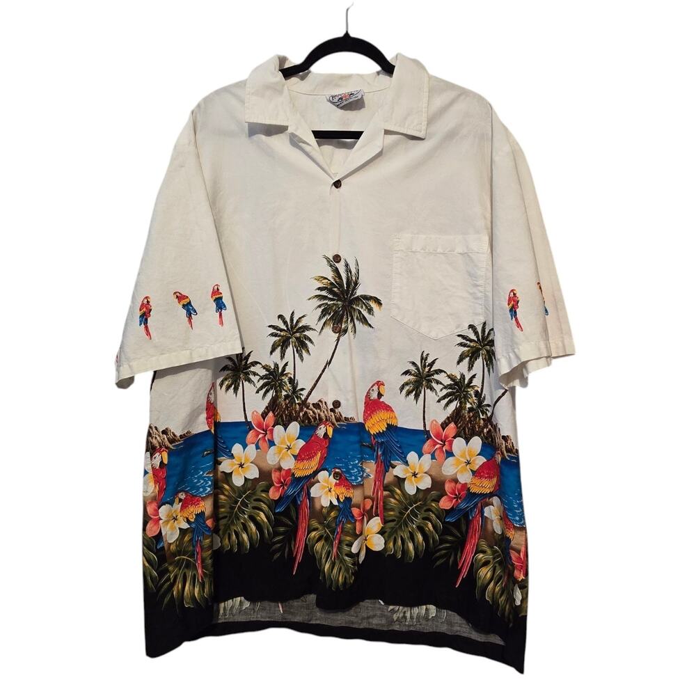 Vtg Pacific Legend Mens Hawaiian Camp Shirt 2XL Parrot White Hawaii Tropical USA